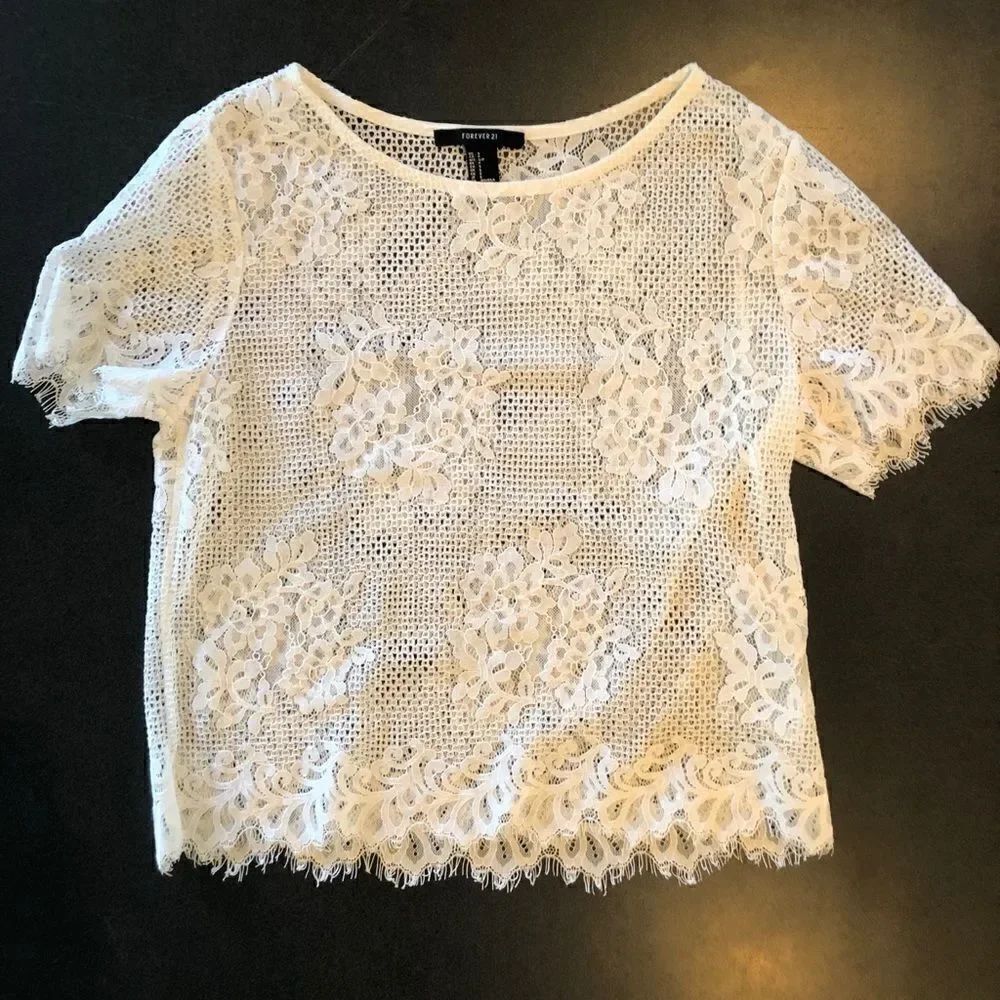 Forever 21 White Lace Floral Sheer Top